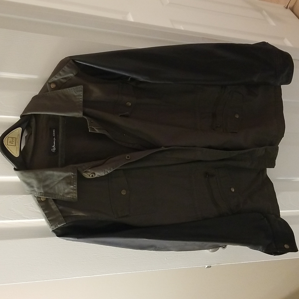Reitman's Xl dark green olive with black pleather sleeves jacket